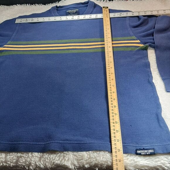 American Eagle 100% Cotton V-NECK Close Knit Sweater Y2K Men's M Blue w/Stripes. - Picture 8 of 10